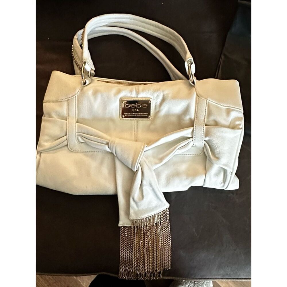 Bebe white large Satchel with Bow and Gold Chain Fringe